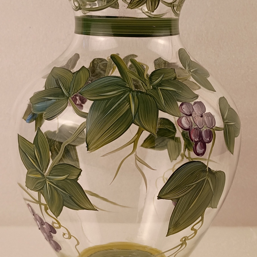 Hand Painted Art Glass Vase Green Leaves & Purple Grapes Floral 8.5" Decorative